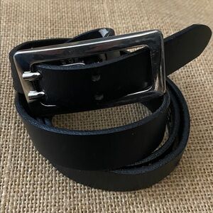 Express Black Leather 3/4” Strap Belt with Silver Tone Rectangular Hardware S